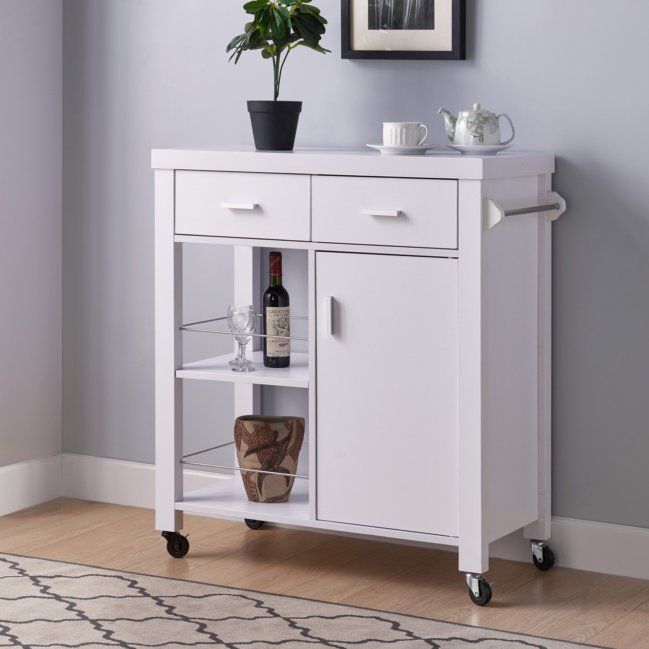 King's Brand White Finish Wood & Marble Finish Top Kitchen Storage Cabinet Cart 